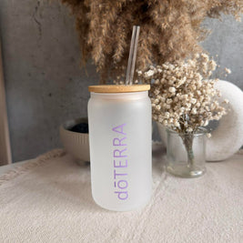 Стъклен буркан за напитки doTERRA (300 мл) – Лилав надпис
