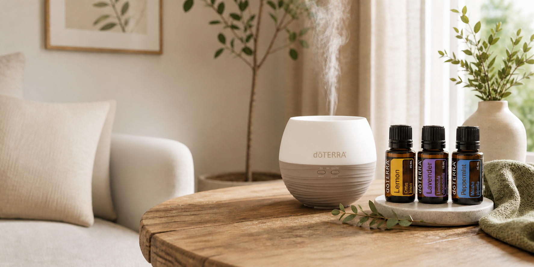 Diffuser and essential oil bottles on a wooden table in a living room setting