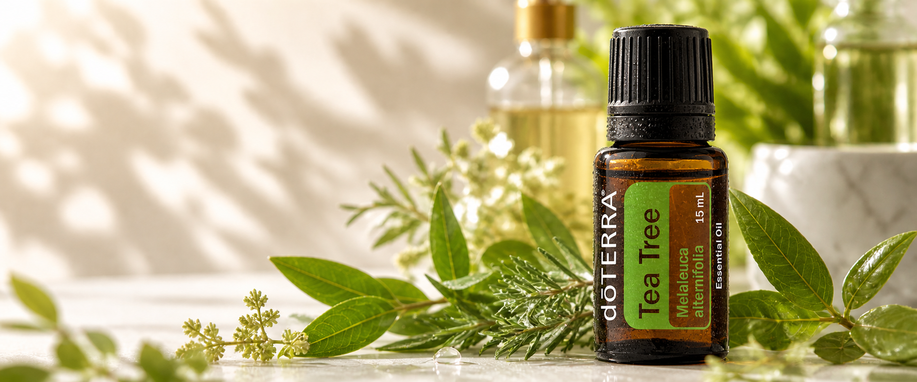 doTERRA Tea Tree essential oil bottle with leaves on a light background