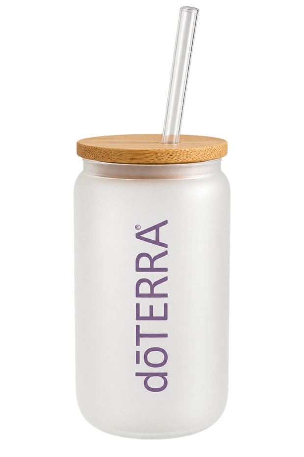 Стъклен буркан за напитки doTERRA (300 мл) – Лилав надпис
